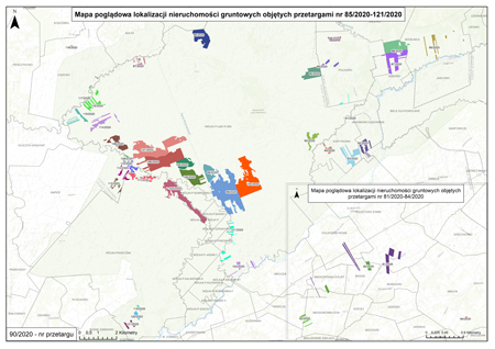 Mapa poglądowa lokalizacji nieruchomości gruntowych objętych przetargami od nr 81/2020 do nr 121/2020 (Basen Górny i Basen...